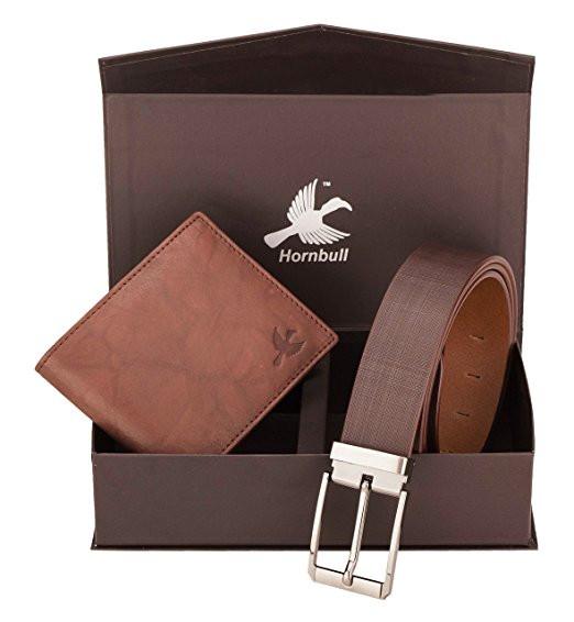 Hornbull Men's Brown Wallet and Belt Combo